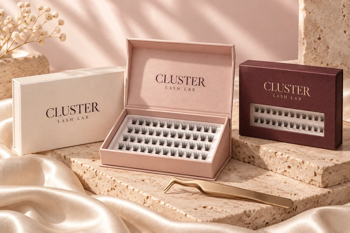 AI packaging concept: coordinated ivory, blush and burgundy Cluster Lash Lab boxes
